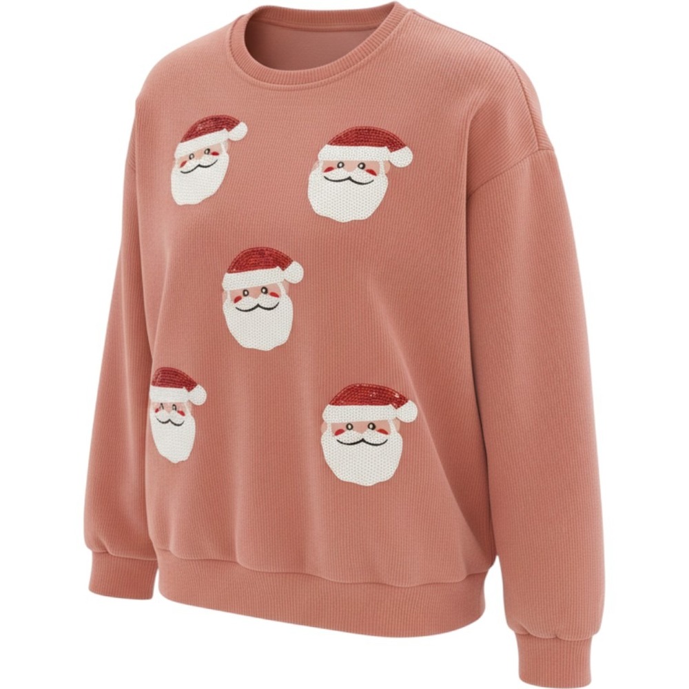 Pink Ribbed Sequin Santa Claus Sweatshirt XXL Holiday Christmas Crewneck